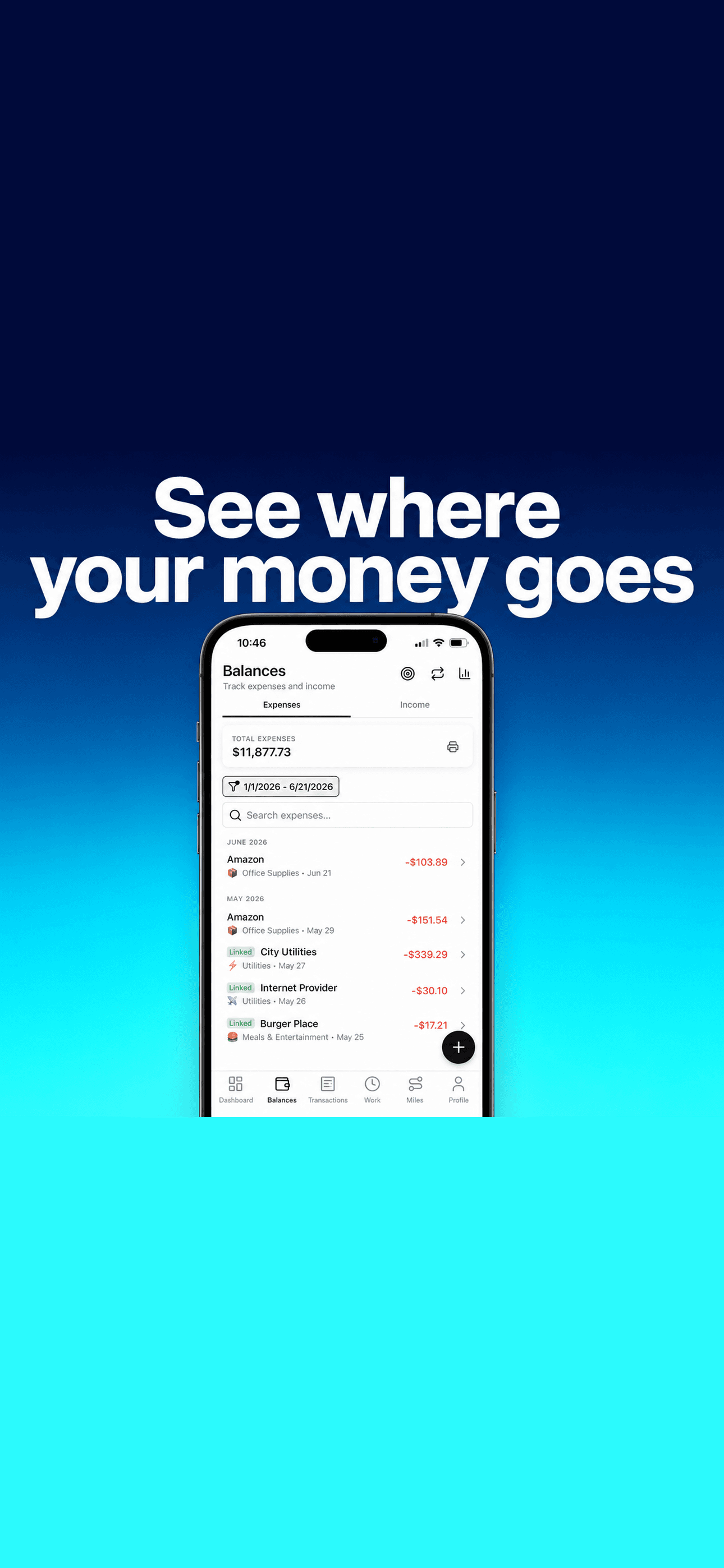 RCPT balances screen with expenses by category