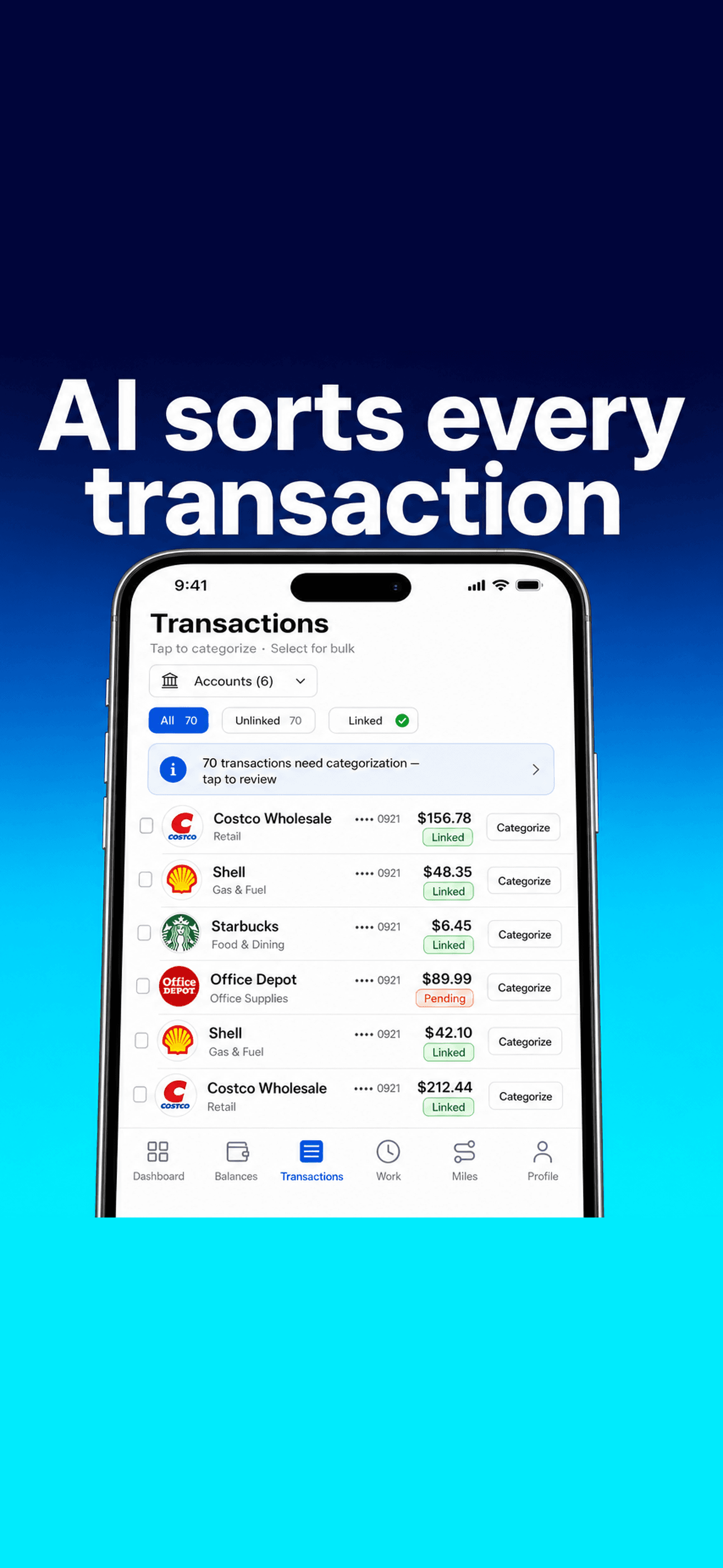 RCPT transactions screen with AI categorization and bank sync