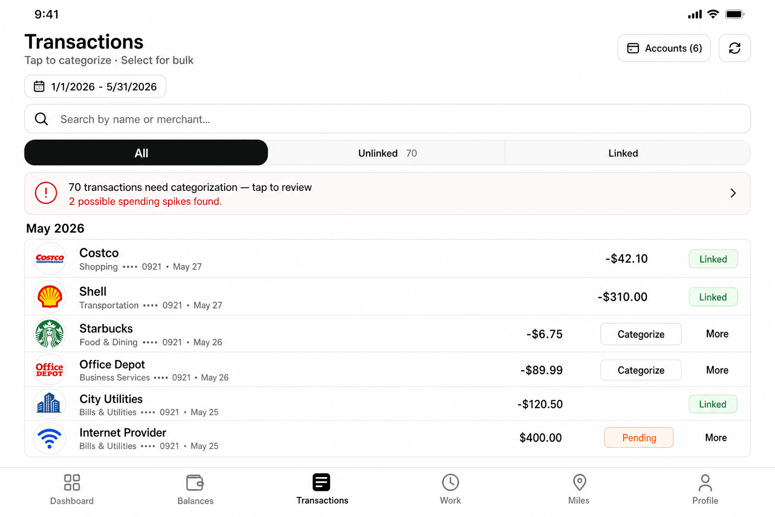 RCPT transactions screen with AI categorization, linked accounts, and bulk actions
